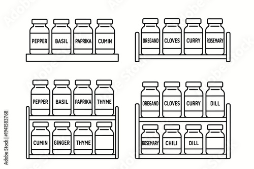 Set of spice jars on shelves in outline style for pantry organization and kitchen label design flat vector icon