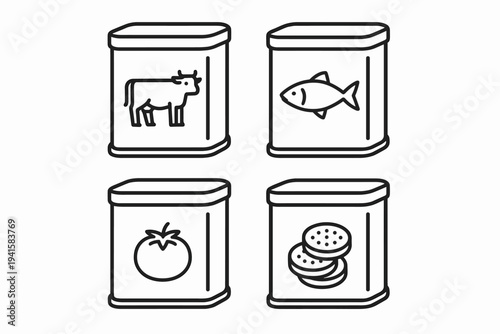 Four canned food tins with meat fish tomato and cookies labels for pantry icon set flat vector icon