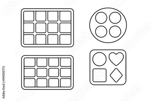 Four chocolate and candy mold trays in clean outline set for baking and candy making flat vector icon