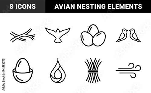 Avian life cycle and environmental symbols for educational infographics. Technical monoline graphics featuring bird nesting, eggs, and nature elements.