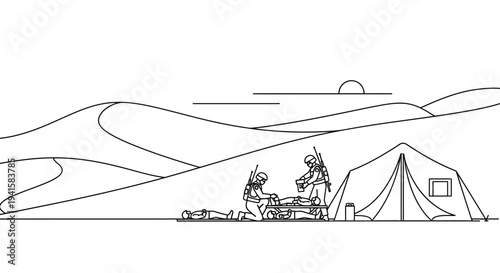 Desert Medical Tent: Soldiers Provide Aid to Injured in Arid Landscape