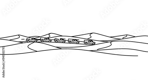 Desert Caravan: Line of Cars Traveling Through Sand Dunes