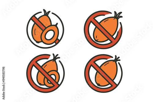 Four orange fruit allergy icons in red prohibition circles for food labels and packaging design