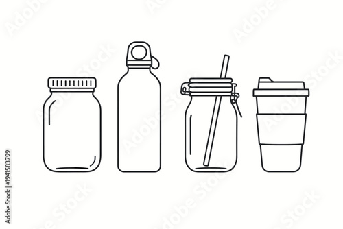 Reusable bottle and jar icons set with mason jar, water bottle, straw jar, and travel cup flat vector icon