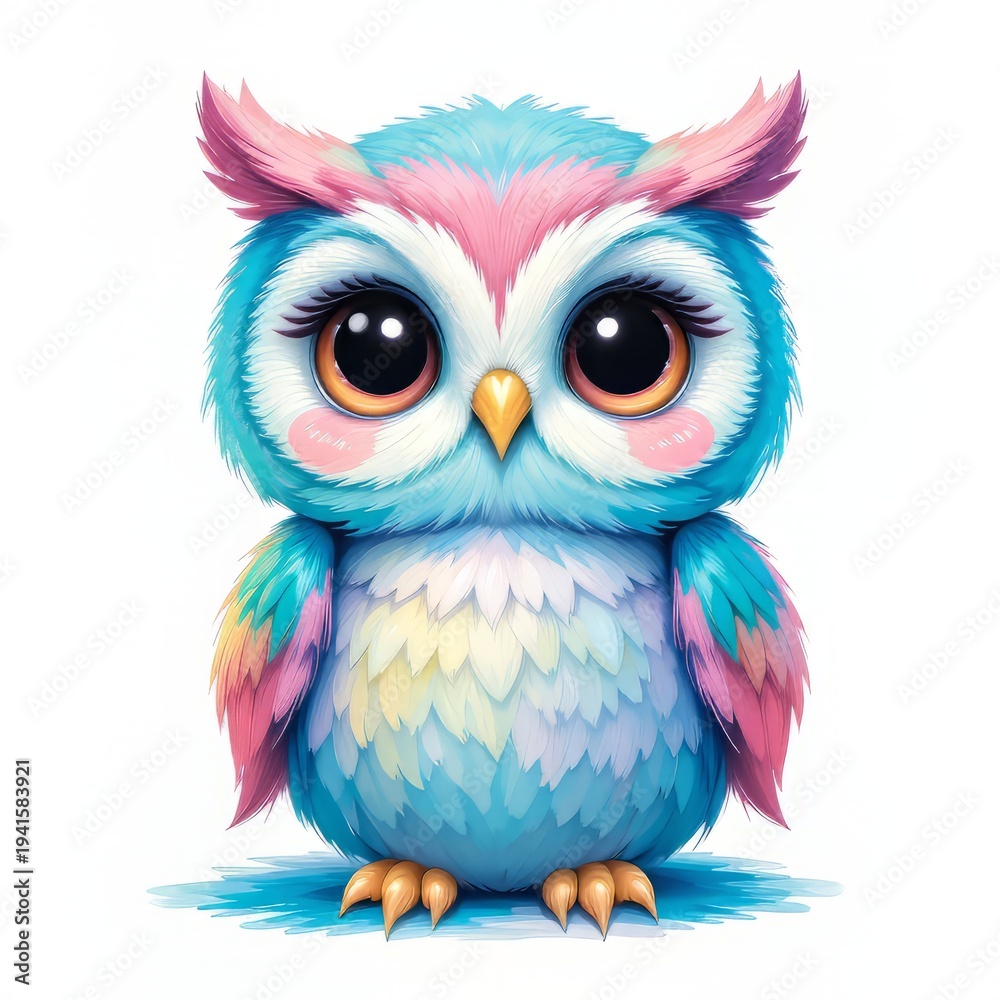 Obraz premium Pastel Spring: Adorable Baby Owl Brushstroke Clipart for Your Designs - Cute Round Eyes, Rosy Cheeks, Isolated on White Background