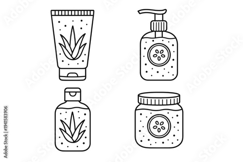 Skincare container icons of tube, pump bottle, jar, and lotion bottle with aloe leaf for beauty product labels and packaging flat vector icon