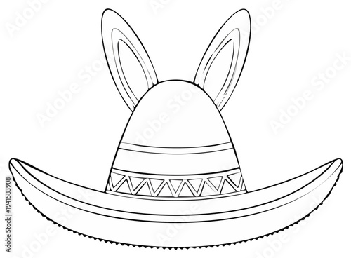 Whimsical Sombrero Hat with Bunny Ears Outline Illustration for Festive Mexican and Easter Fusion