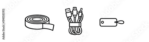 Line icons of packing tape, a tied bundle of cables, and a luggage tag for travel or shipping