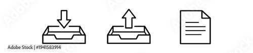 Black outline icons showing inbox tray with down arrow, inbox tray with up arrow, and a sheet of paper for file actions and email ui