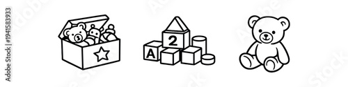 Toy box, stacked building blocks, and teddy bear line icons for kids app and nursery ui flat vector icon