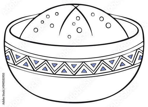 Stylized illustration of a traditional ceramic bowl with a geometric pattern filled with grain