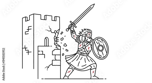 Fierce Warrior Smashes Castle Wall with Sword and Shield, Medieval Battle Scene