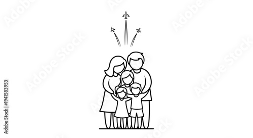 Family with children flying like airplanes, symbolizing growth, dreams, and future.