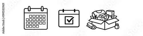 Three simple line icons showing a full monthly calendar, a date with a checkmark, and a packed box of supplies, useful for scheduling, moving, deliveries, or task planning ui