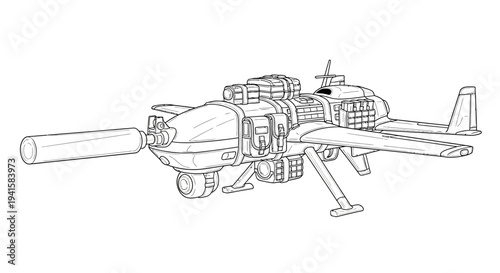 Futuristic Drone Blueprint Sketch: Advanced Aerial Vehicle with Weapon System