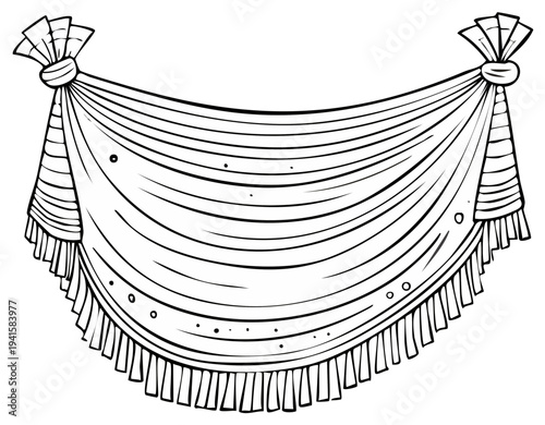 Decorative draped fabric with fringe suspended by ties at each end