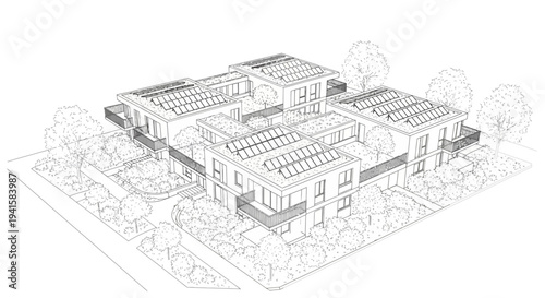 Architectural line drawing of modern residential buildings with solar panels and landscaping.