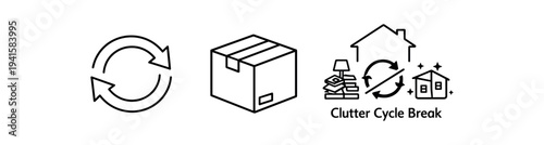 Black outline icons of a recycle loop, a cardboard box, and a decluttering emblem labeled "clutter cycle break" — useful for recycling, moving, or organization materials.