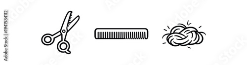 Line icons of hair scissors, a comb, and a bundle of fur or yarn for grooming or crafting