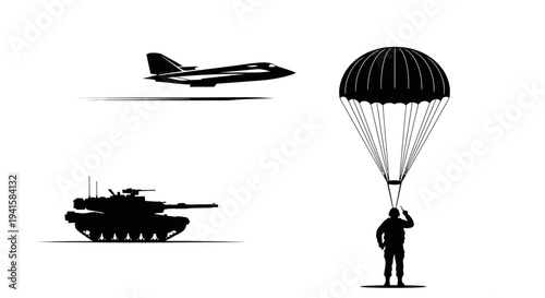 Military Aircraft, Tank, and Paratrooper Silhouette - Airborne Assault Concept