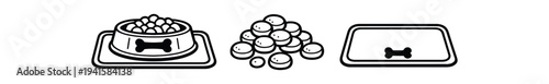 Simple black outline pet food bowl, scattered kibble and feeding mat icons for pet care apps, packaging and labels