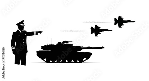 Military Commander Directing Tank and Fighter Jets in Formation