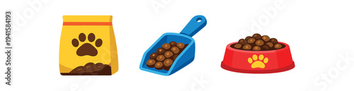 Pet food bag, scoop, and kibble bowl on white background for pet care and feeding icon set flat vector illustration