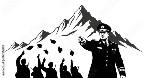 Military Graduation Celebration: Officer Leading Cadets Tossing Caps in Mountains