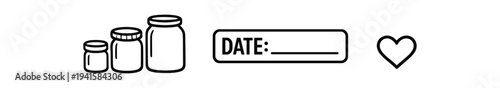 Simple black outline icons of three jars, a rectangular date label and a heart, useful for pantry organization or product labeling.