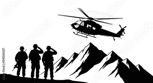 Military helicopter flying over mountains with soldiers saluting