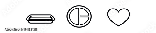 Black line icons showing a rectangular tray, a round plate with compartments and a heart symbol for portion or meal design.