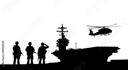 Military Helicopter Landing near Aircraft Carrier with Soldiers Silhouette