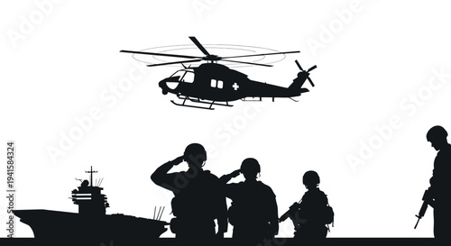 Military Helicopter Over Aircraft Carrier with Soldiers Saluting