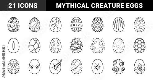 Fantasy dragon eggs with elemental textures and mystical patterns. Hand-drawn line art featuring rune, crystal, flame, and organic scales for gaming assets.