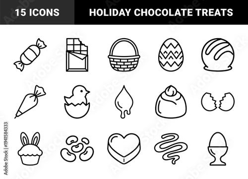 Easter confectionery and seasonal chocolate treats for festive branding. Minimalist monoline pictograms featuring holiday candy, decorated eggs, and spring desserts.