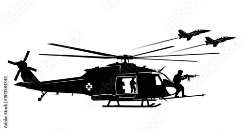 Military Helicopter with Soldiers and Fighter Jets in Silhouette
