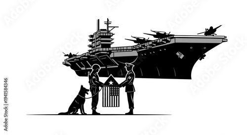 Military Honor Ceremony: Soldiers, Dog, and Aircraft Carrier with US Flag