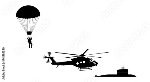 Military Helicopter, Submarine, and Parachutist - Special Forces Operation