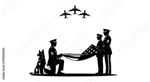 Military Honor Guard Folds Flag with K9 and Jets Flyover