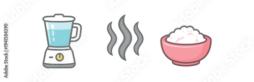 Flat icons of a blender, three steam lines, and a bowl of cooked rice — kitchen appliances and food indicating blending, cooking, or hot food preparation