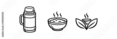 Three monochrome line icons showing a travel thermos, a steaming soup or porridge bowl, and a steaming herbal tea cup with leaves, ideal for food, drink, or wellness ui
