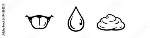 Three monochrome outline icons showing a tongue, a liquid drop, and a dollop of cream, suitable as ui symbols or ingredient markers