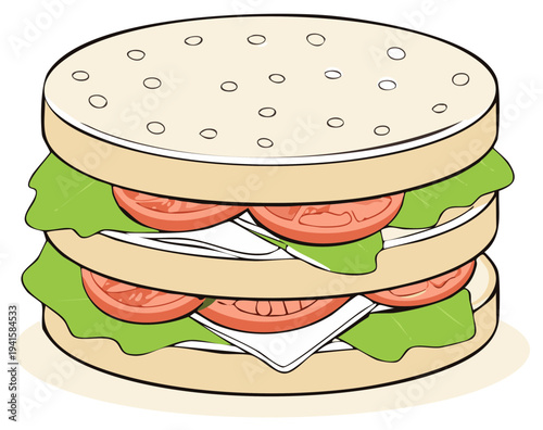 Illustrated Double Decker Sandwich with Lettuce Tomato and Cheese