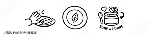 Three simple black line icons for baby feeding: a hand wiping a plate, a plate with a leaf, and a jar with spoon labeled slow weaning — ideal for guides, labels, or ui.