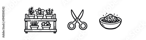 Minimal black outline icons of a shelf of potted plants, pruning shears, and a bowl of soil or fertilizer — gardening and plant care icon trio.