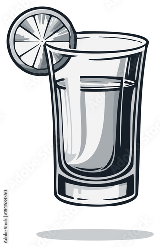Illustration of a shot glass filled with liquid and lime wedge garnish.