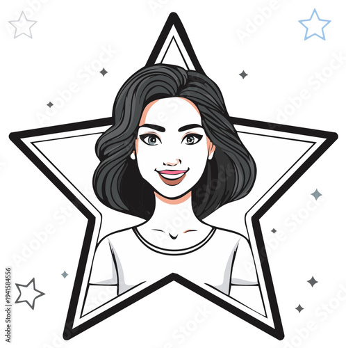 Smiling young woman portrait inside a big star frame vector illustration for fame and success