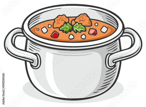Cartoon illustration of a pot of stew with meatballs