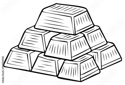 Gold Ingots Stacked Illustration Black and White Line Art Treasure Metal Wealth Concept