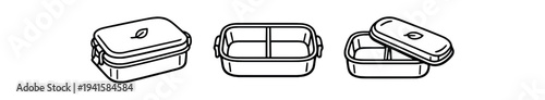 Rectangular bento lunch boxes set with lids and compartments line icons flat vector icon
